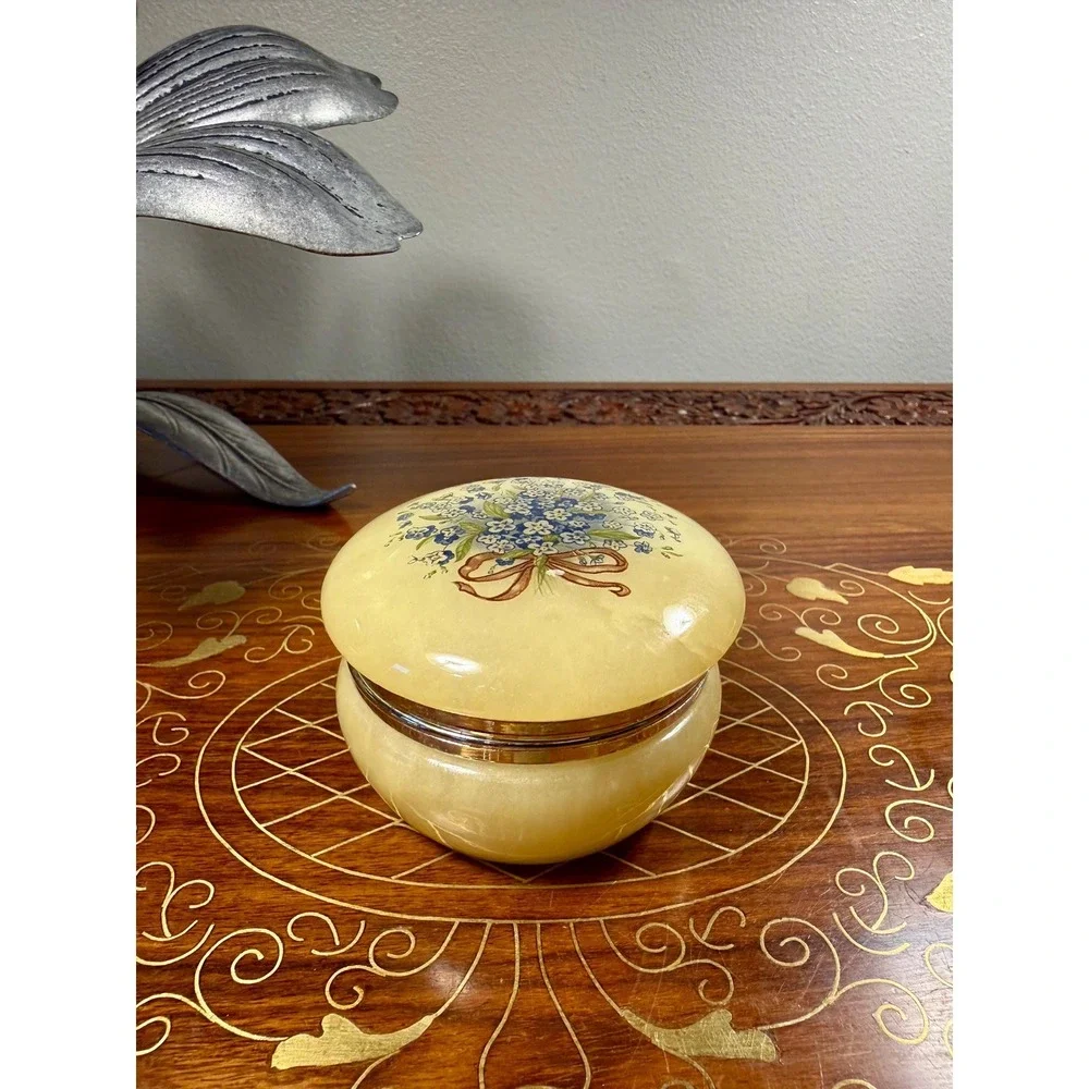 Vintage Alabaster Trinket Box • Forget-Me-Not Floral Stone Jewelry Box